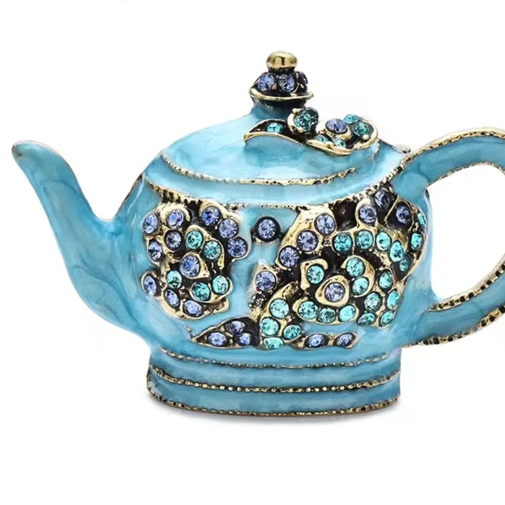 Blue Teapot Gold Crystal Brooch
